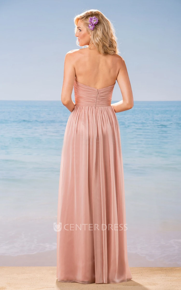 Strapless A-Line Long Chiffon Gown With Beadings And Ruches