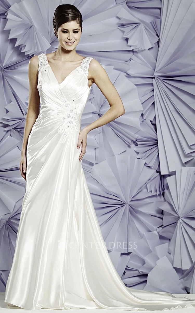 Sheath V-Neck Floral Floor-Length Sleeveless Stretched Satin Wedding Dress With Appliques And Ruffles