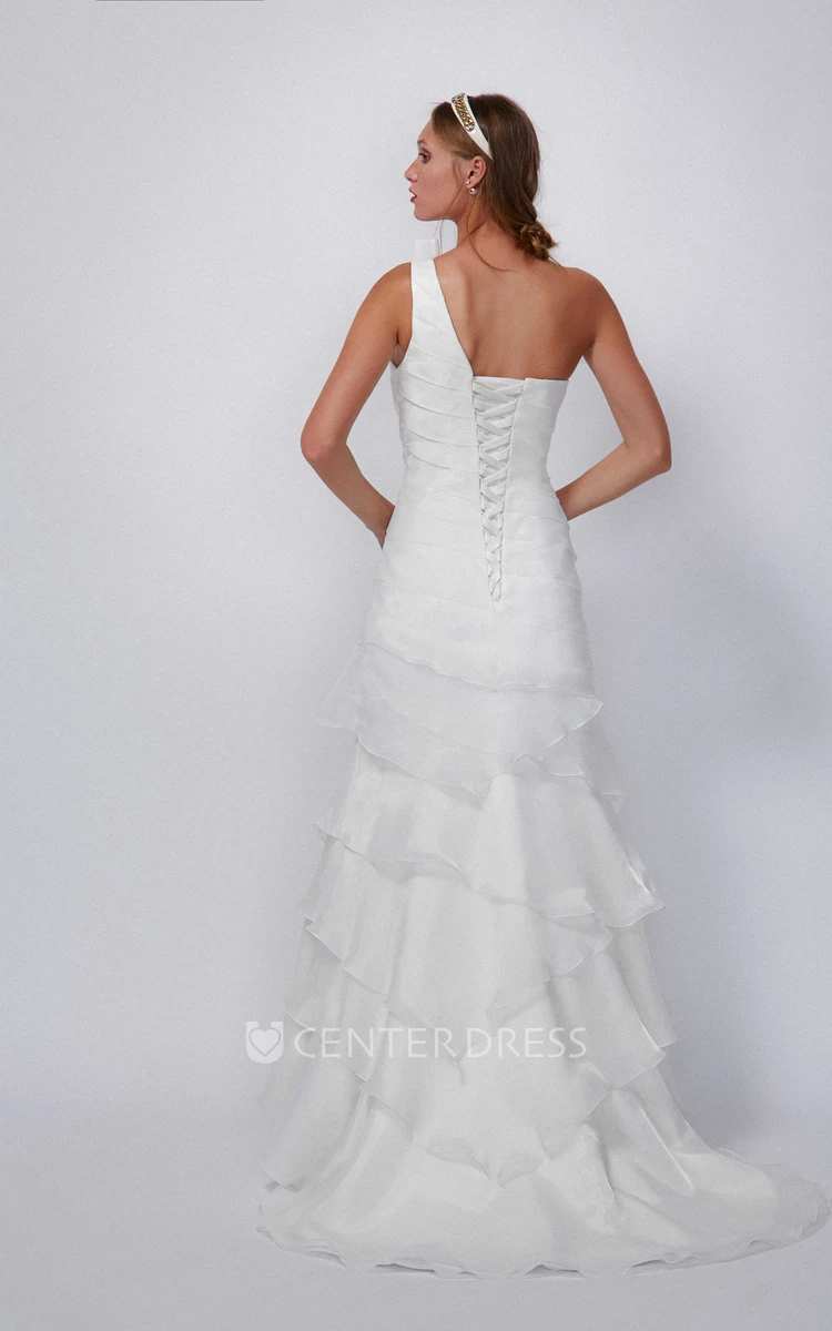 One-Shoulder Floor-Length Tiered Chiffon Wedding Dress With Brush Train And Lace Up