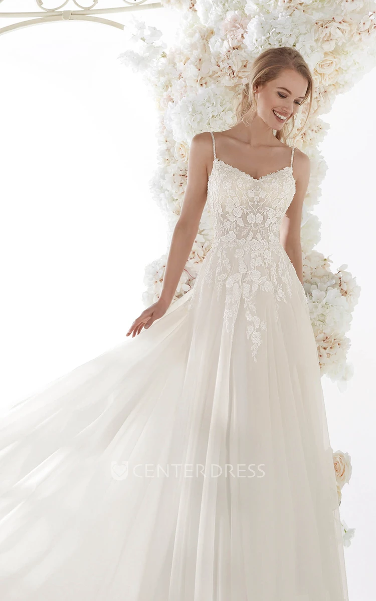 Open Back Ethereal Spaghetti Straps Tulle Bridal Gown With Lace Appliques And Ruching