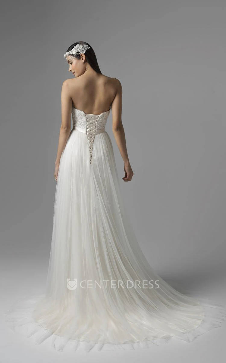 Sheath Floor-Length Sweetheart Tulle Wedding Dress With Ribbon And Corset Back
