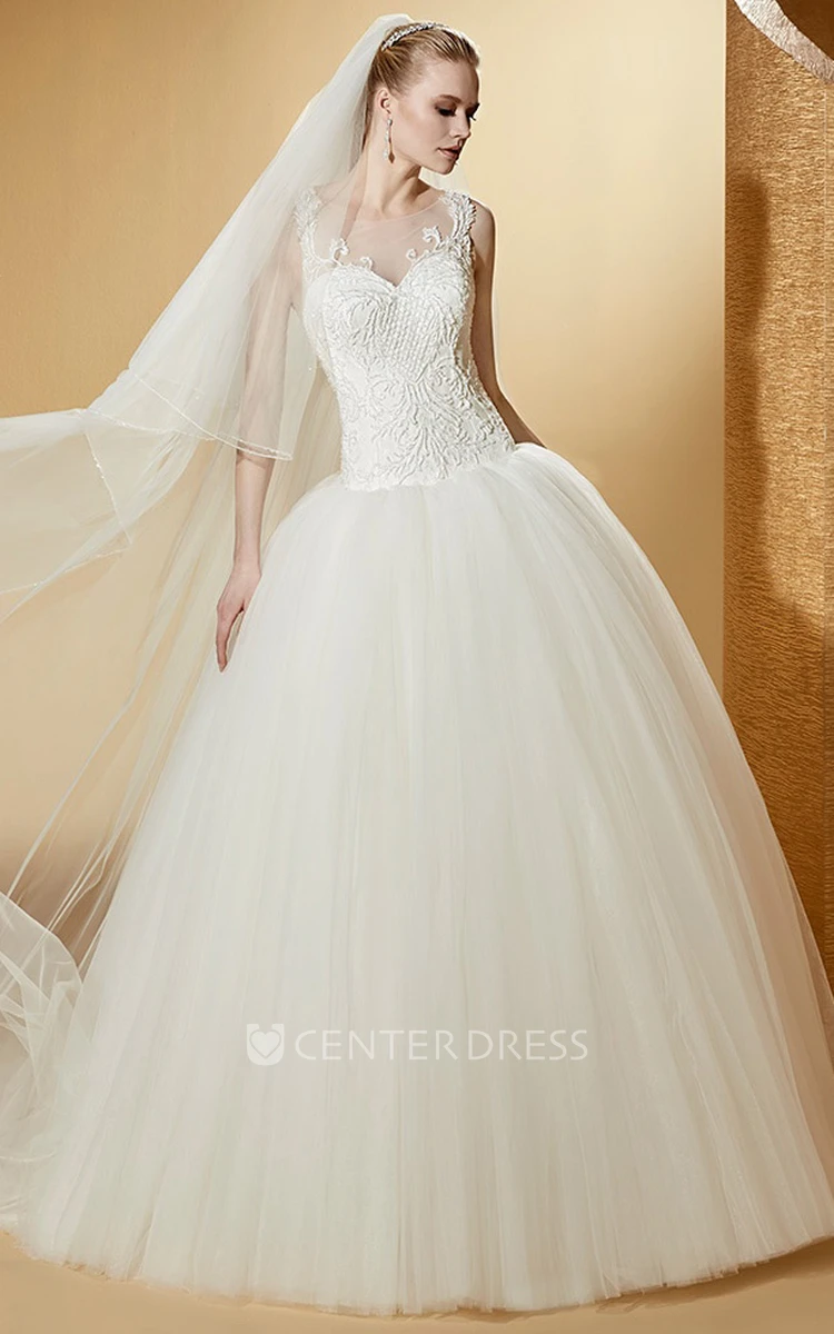 Illusive Jewel neck Wedding Gown with Exquisite Appliques and Puffy Skirt