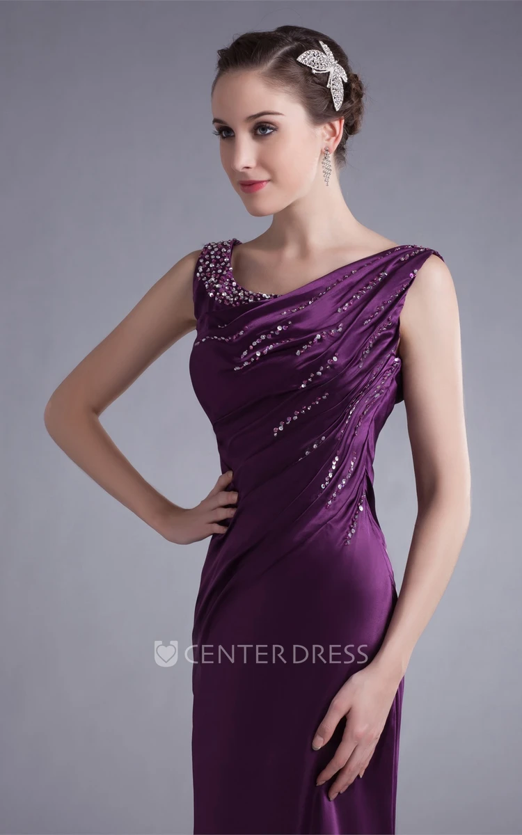 Satin Sleeveless Sheath Floor-Length Formal Gown with Ruching and Beading
