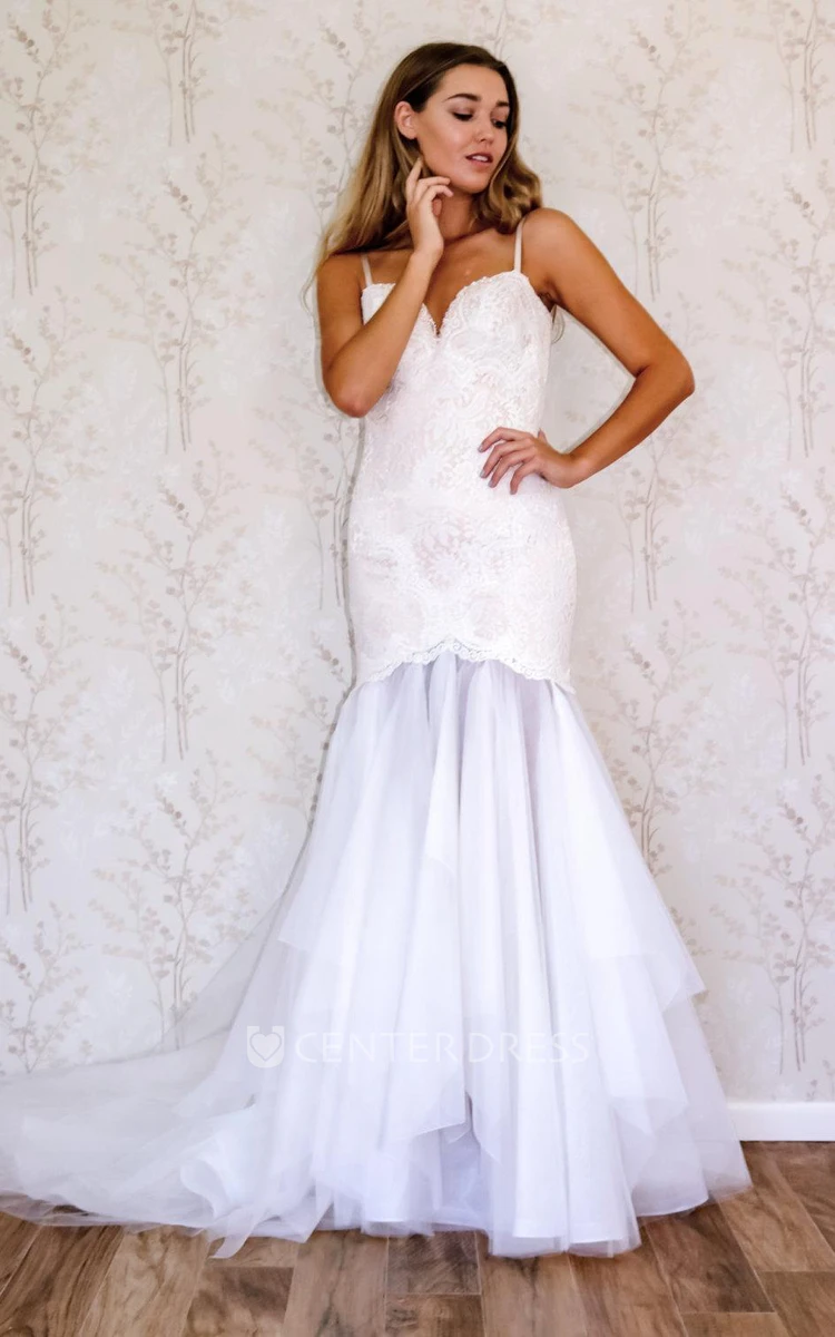 Spaghetti Strap Lace and Tulle Mermaid Wedding Dress