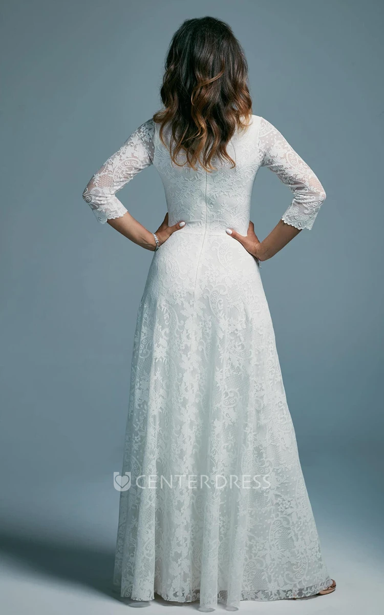 V-neck Lace Romantic V-neck Sheath Wedding Dress With Zipper Back And Appliques