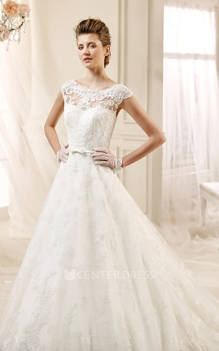 Cap sleeve A-line Lace Wedding Gown with Appliques and Jewel Neckline 