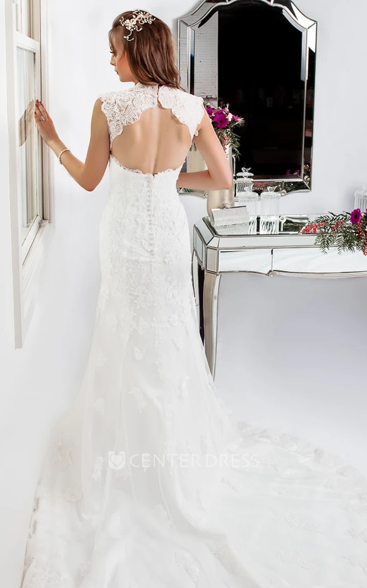 Sheath Floor-Length Queen-Anne Appliqued Lace Wedding Dress With Waist Jewellery And Keyhole Back