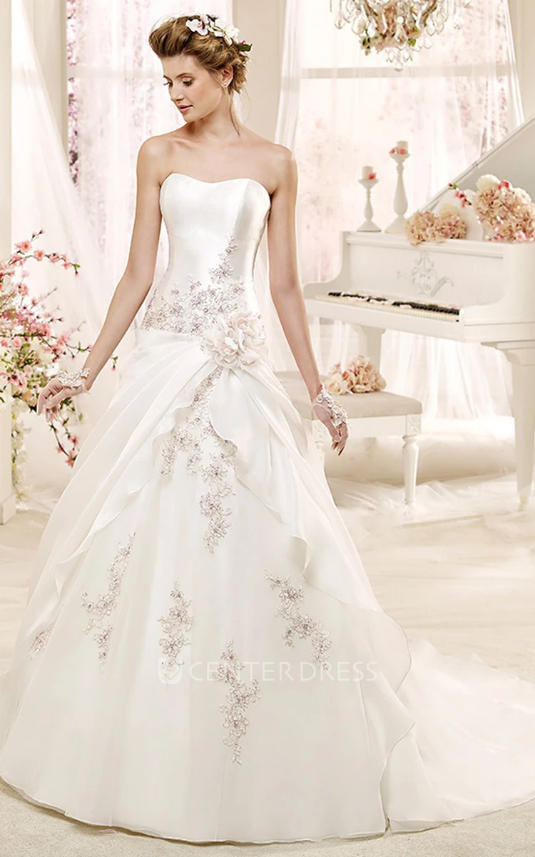Angel Strapless Beaded A-line Wedding Dress with Asymmetrical Overlayer and Lace-up Back