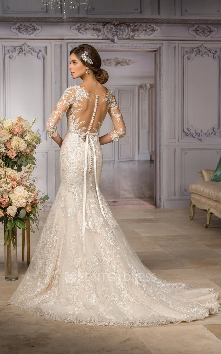 3-4 Sleeved V-Neck Mermaid Wedding Dress With Appliques And Bow