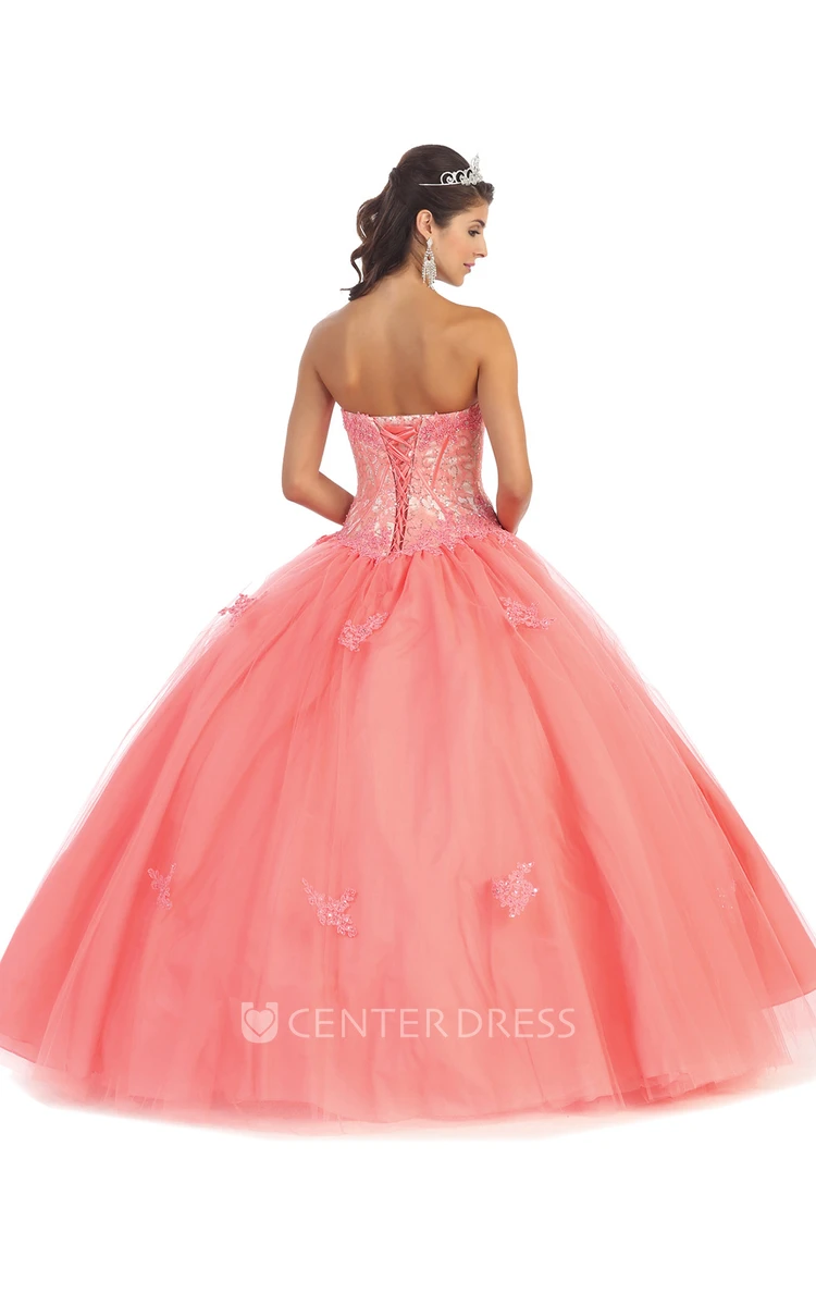 Ball Gown Sweetheart Sleeveless Tulle Satin Corset Back Dress With Appliques