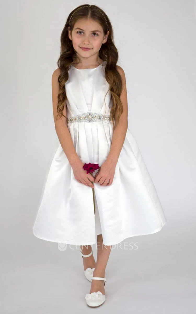 Tea-Length Pleated Sequins&Satin Flower Girl Dress With Tiers