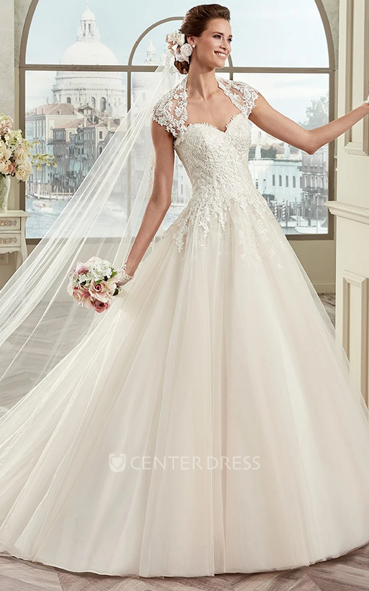 Cap sleeve A-line Wedding Gown With Queen-Anna Neck and Lace Bodice