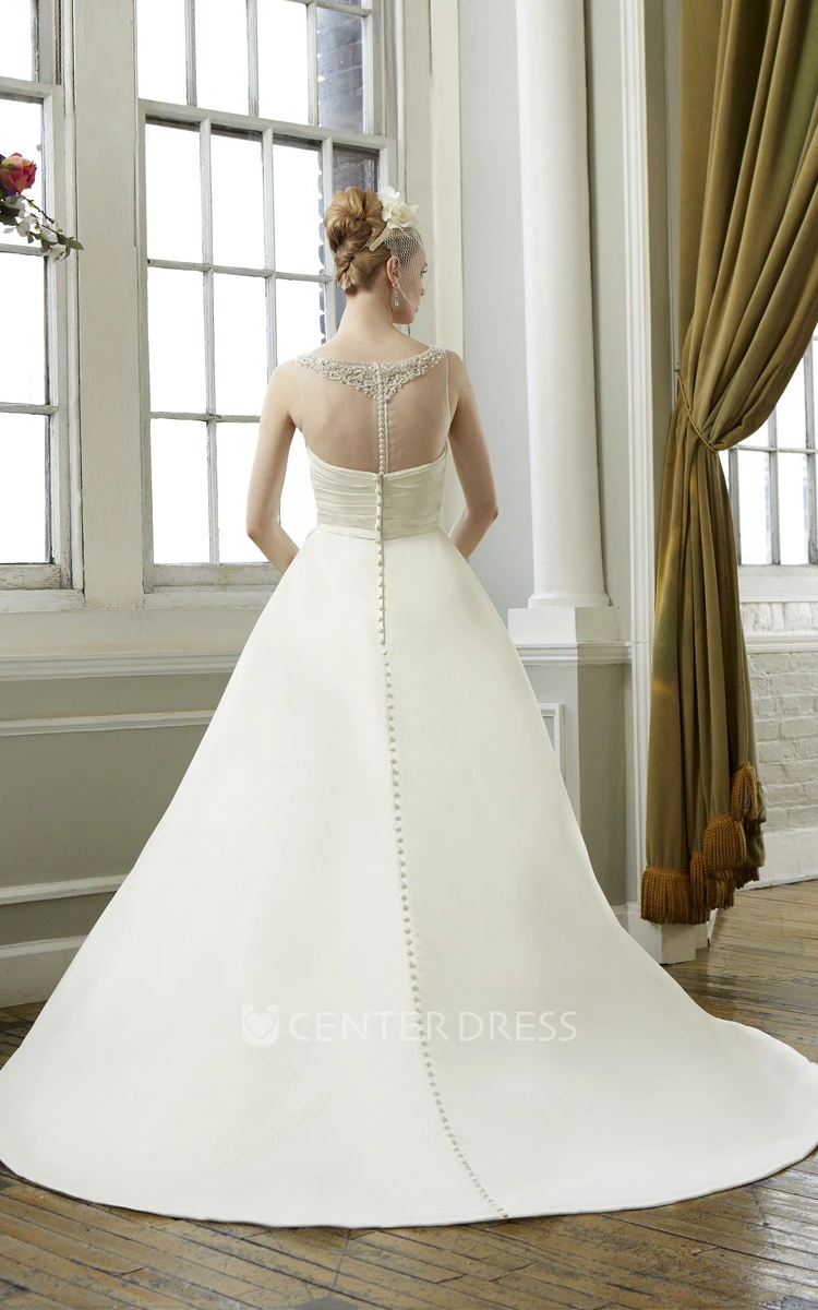 Ball Gown Sleeveless Scoop-Neck Criss-Cross Satin&Tulle Wedding Dress With Beading And Waist Jewellery