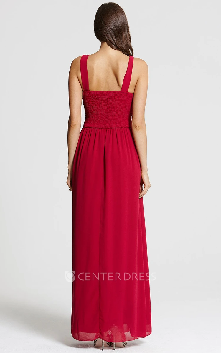 Floor-Length Ruched Sleeveless Scoop Neck Chiffon Bridesmaid Dress With Beading