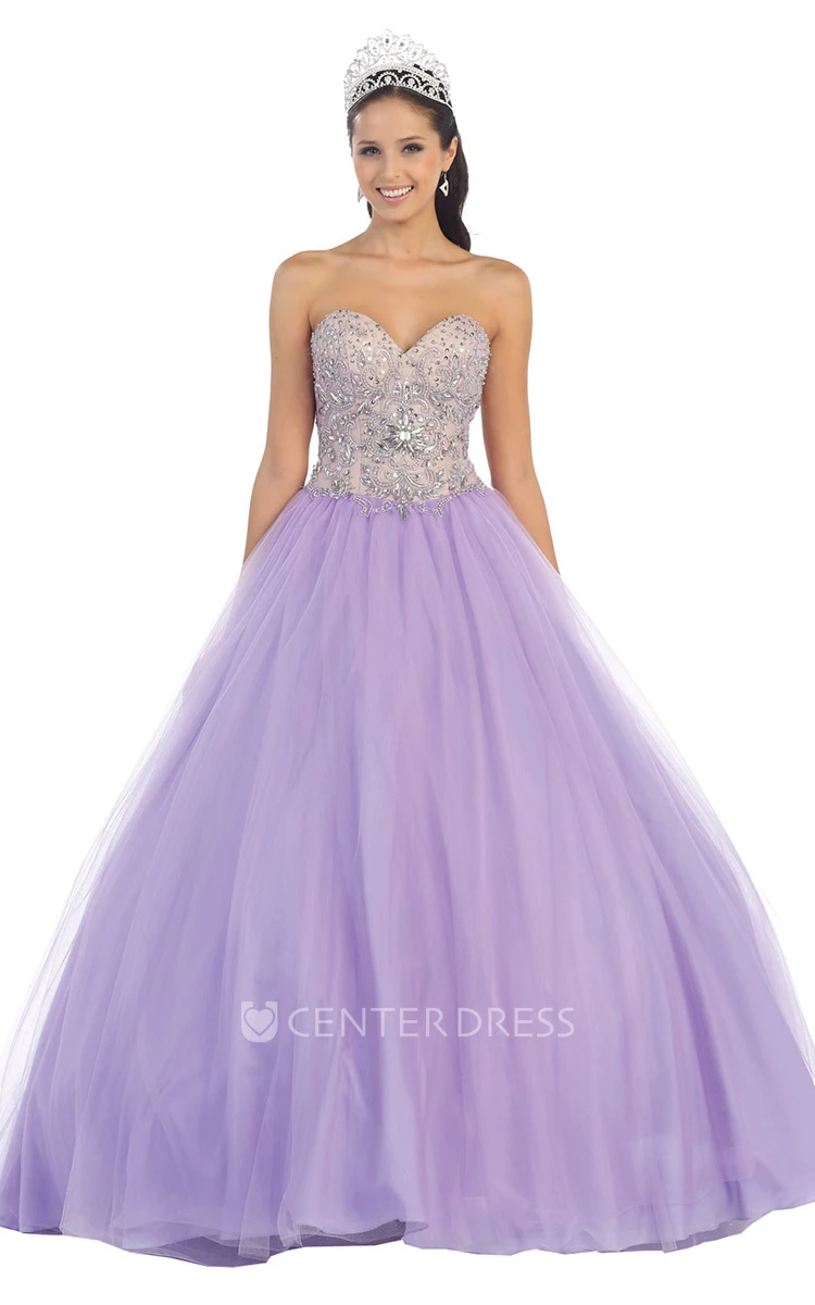 Ball Gown Sweetheart Sleeveless Tulle Backless Dress With Beading