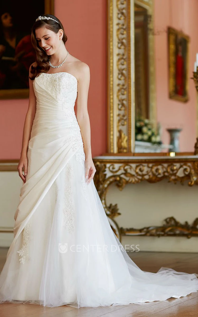 A-Line Strapless Taffeta&Tulle Wedding Dress With Lace Up