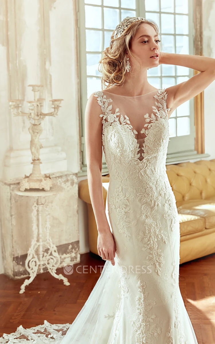 V-Neck Sheath Wedding Dress with Lace Floral Straps and Open Back 
