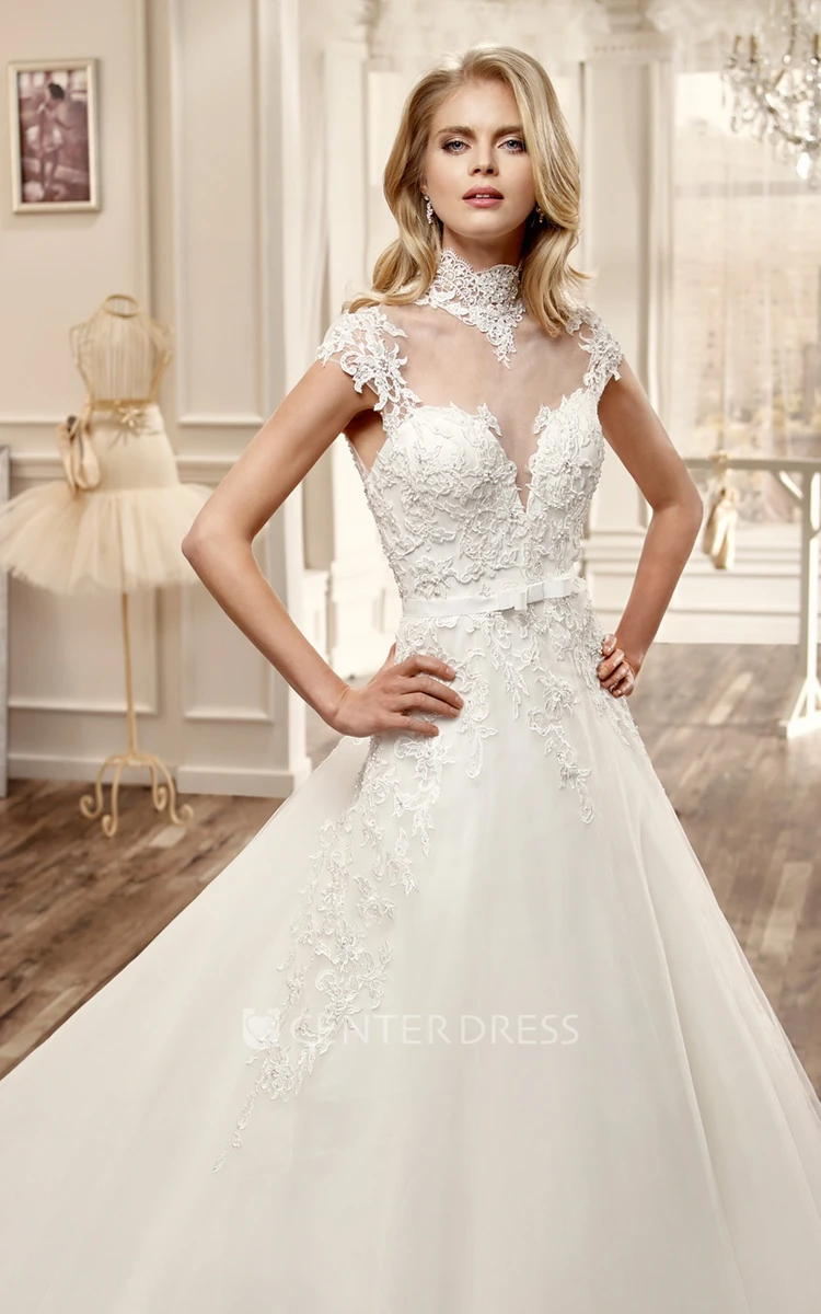 High-Neck A-Line Wedding Dress With Appliques And Illusive Neckline And Back