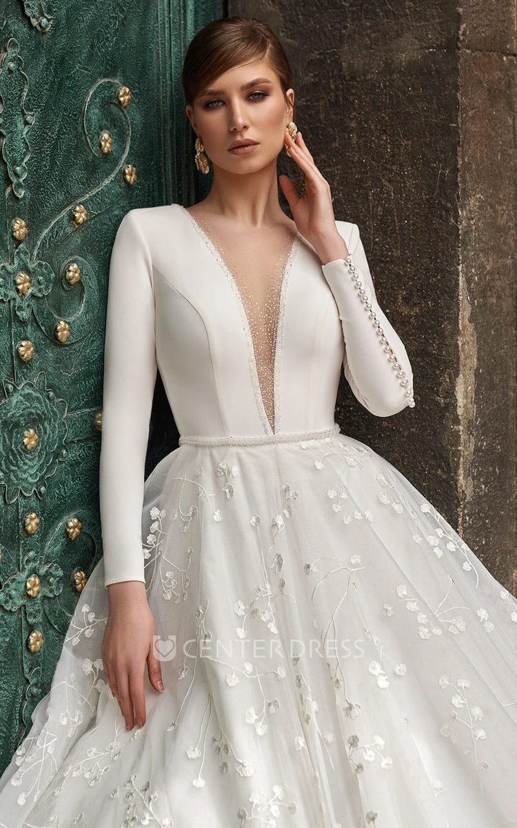 Simple Satin A Line Court Train Wedding Dress with Appliques and Beading