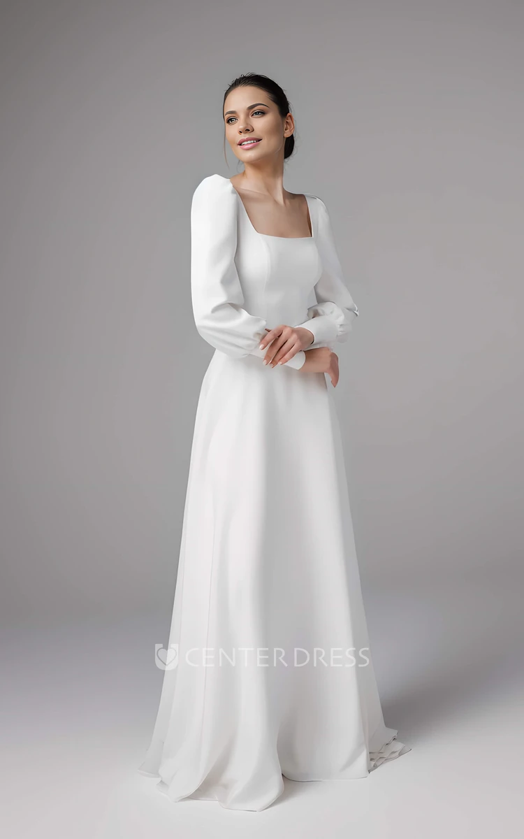 Elegant Modest A-Line Long Sleeve Fall Wedding Dress Simple Casual Square Neck Button Back Floor Length Sweep Train Maxi Bridal Gown