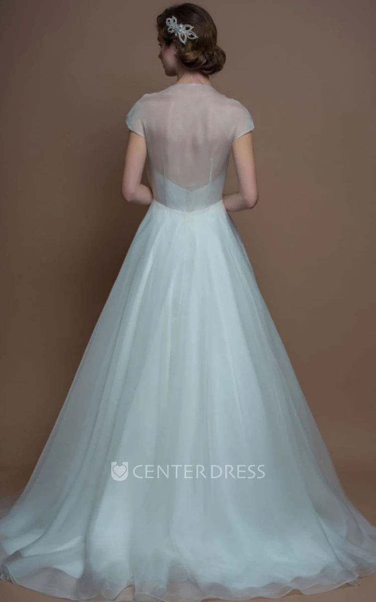 V-Neck Long Jeweled Cap-Sleeve Organza Wedding Dress With Sweep Train And Illusion