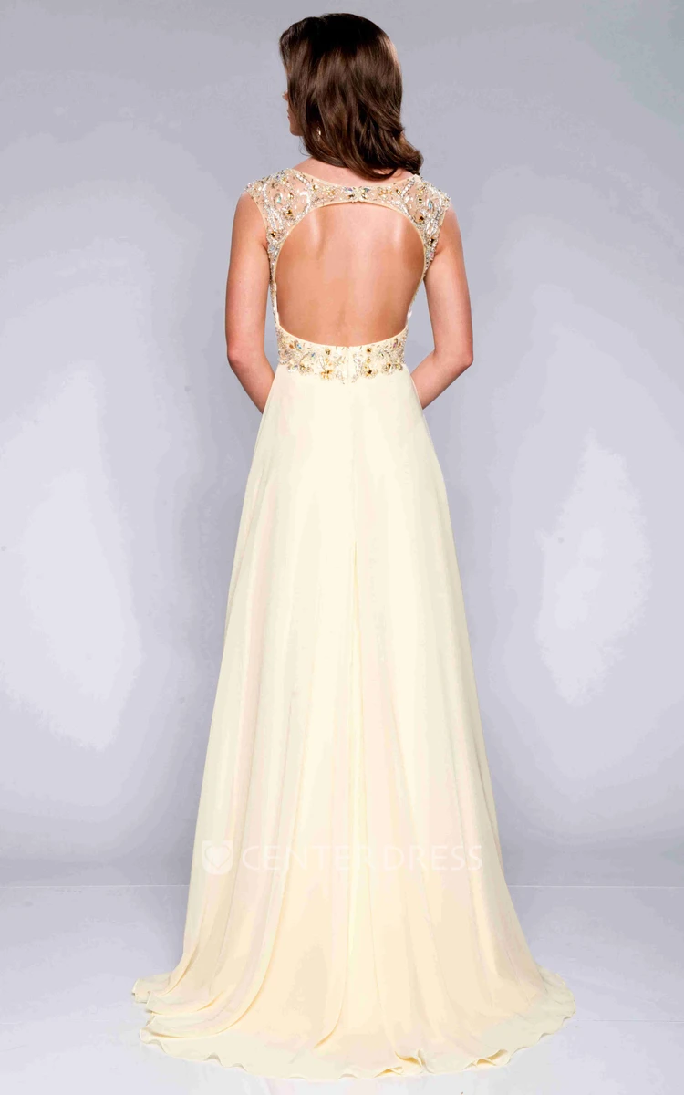 Beaded Bodice Cap Sleeve Chiffon Prom Dress With Bateau Neck