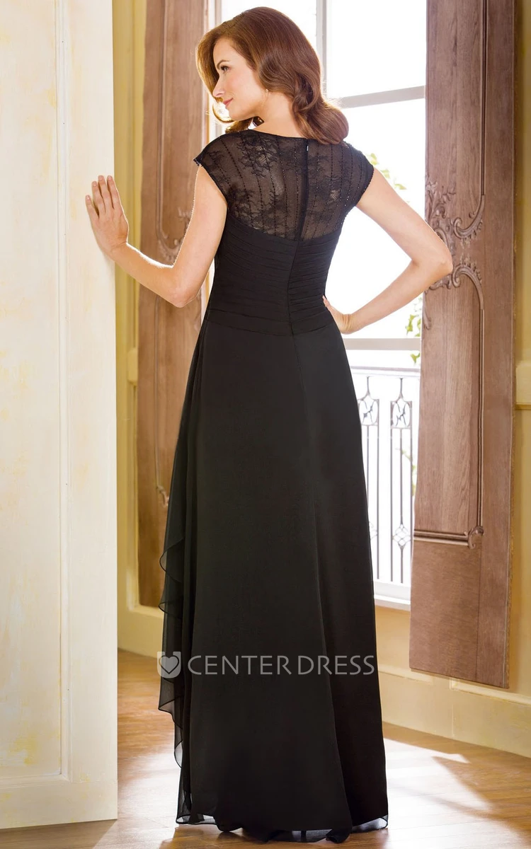 Cap-Sleeved A-Line Mother Of The Bride Dress With Ruffles And Illusion Back