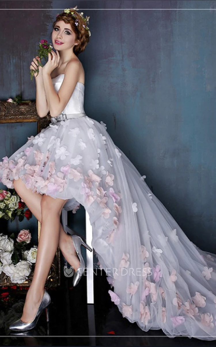 3D Floral Appliqued High-low Sleeveless Cute Open Back Dress With Delicate Bow