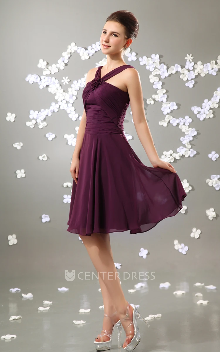 Stylish Sleeveless Short Chiffon Prom Dress With Floral Cross Straps