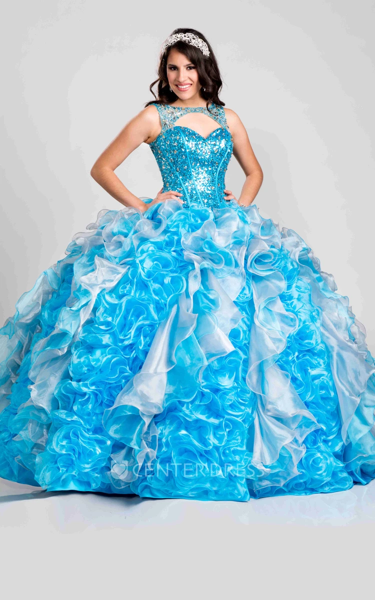 Keyhole Back Sequined Bodice Ball Gown With Cascading Ruffles