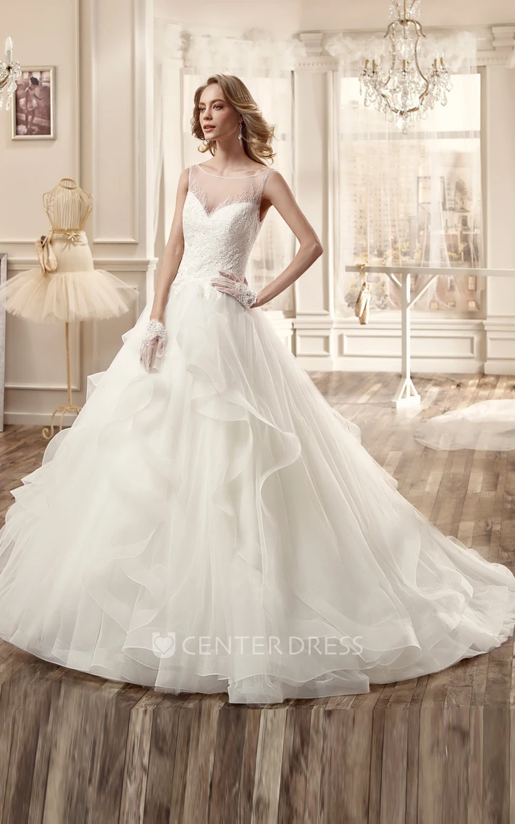 Cap-Sleeve Long Wedding Dress With Illusion And Ruching Skirt