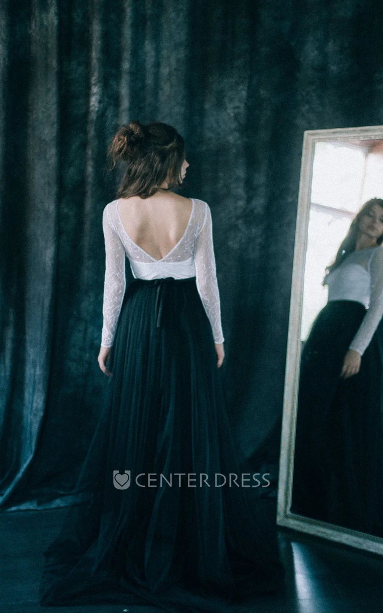 Sheath Long Sleeve Floor-length Bateau Deep-V Back Lace Pleats Black Wedding Dress