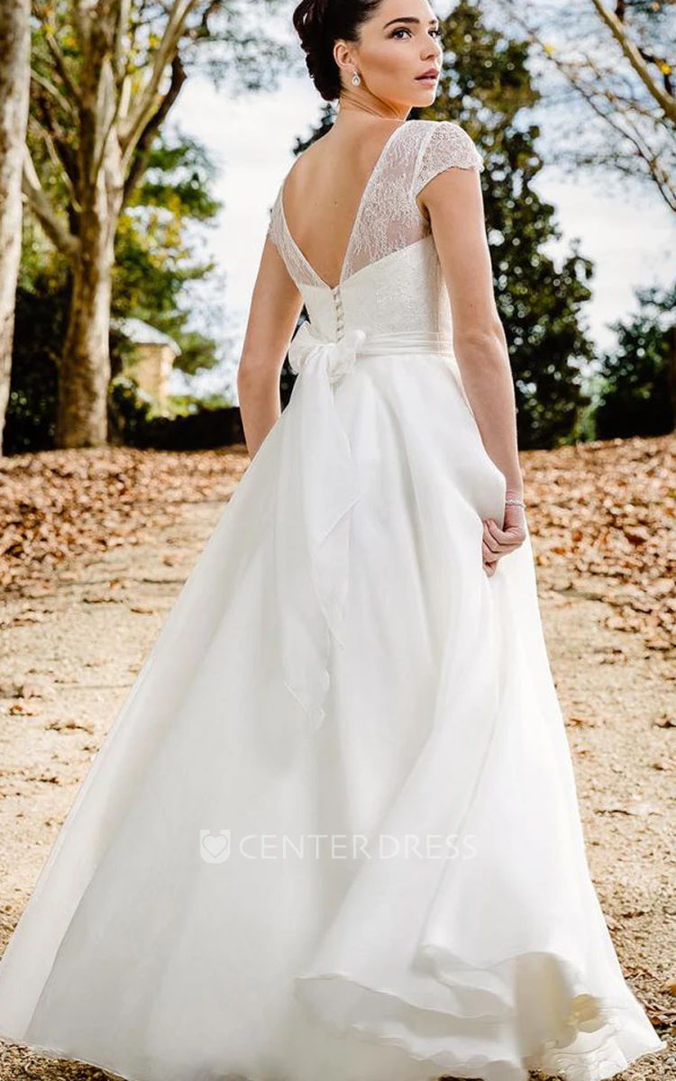 Simple Deep-V Back Lace Chiffon Bateau A Line Floor-length Wedding Dress with Ribbon