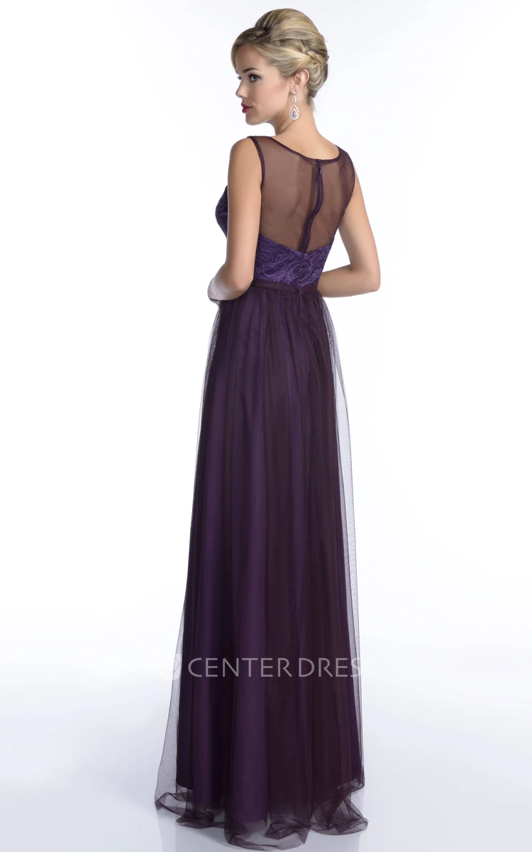 Square Neckline Sleeveless A-Line Tulle Bridesmaid Dress With Illusion Back