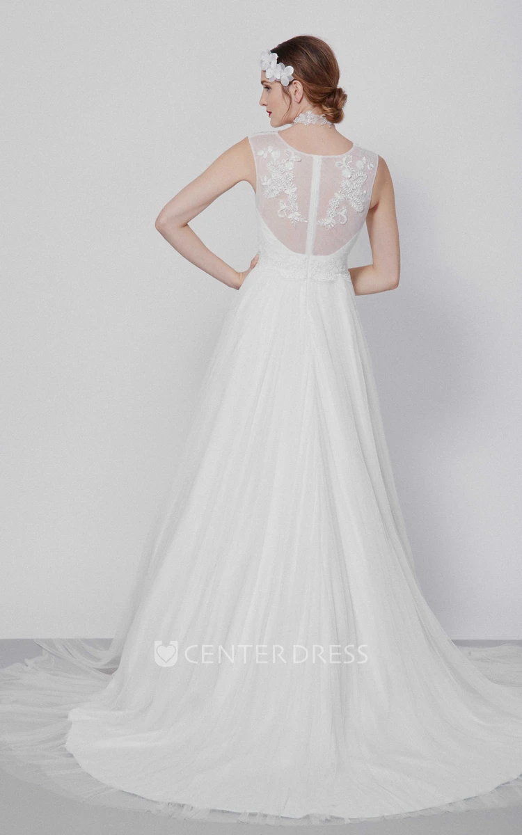 A-Line Scoop-Neck Sleeveless Floor-Length Appliqued Tulle&Satin Wedding Dress With Embroidery