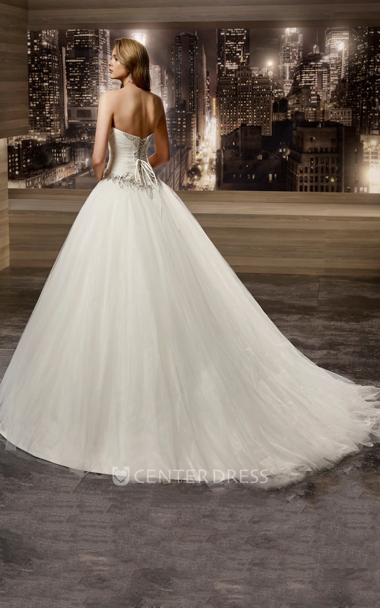 Sweetheart Brush-train A-line Wedding Gown with Beaded Details and Pleated Bodice