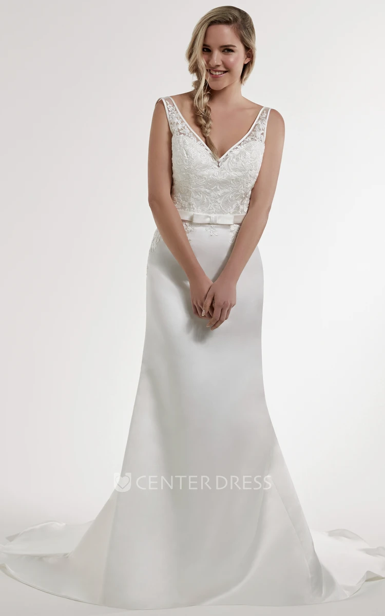 Sheath Floor-Length V-Neck Appliqued Sleeveless Satin Wedding Dress With Low-V Back And Court Train