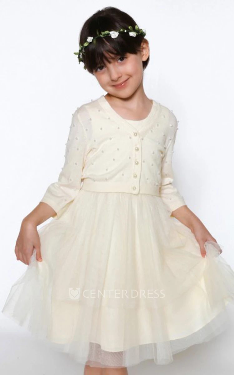 A-Line Scoop-Neck Jacket 3-4-Sleeve Long Tulle Flower Girl Dress With Pleats
