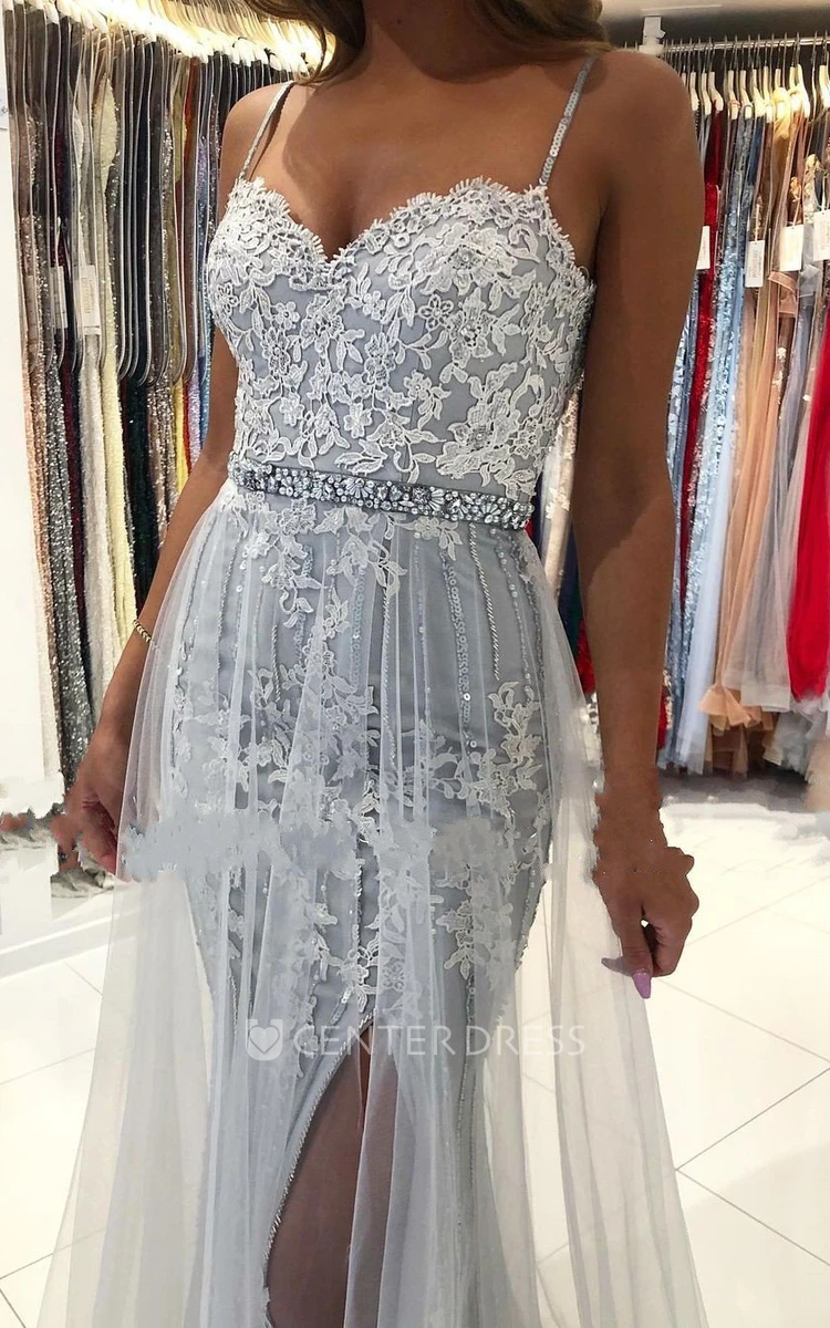 Simple Lace A Line Floor-length Sleeveless Spaghetti Formal Dress with Appliques