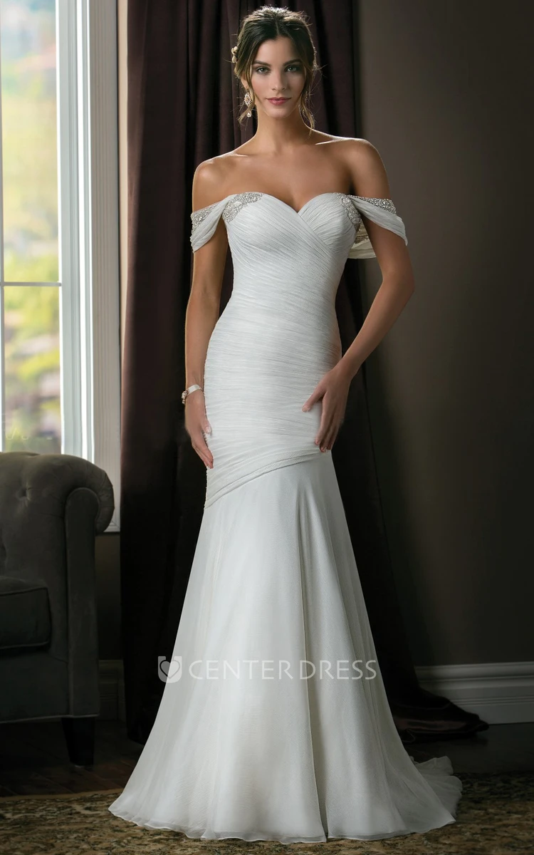 Off-The-Shoulder Trumpet Wedding Dress With Ruches And Crystals