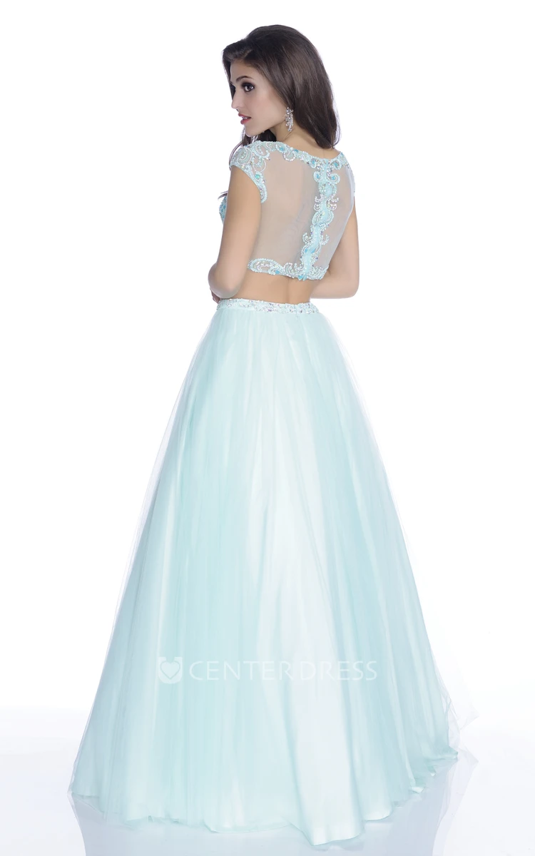 Cap Sleeve Crop Top A-Line Tulle Gown With Jeweled Lace Bodice