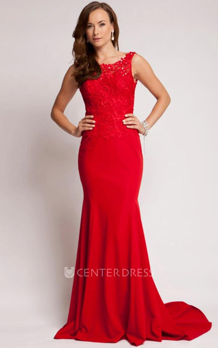 Sheath Lace Bateau Floor-Length Sleeveless Jersey Prom Dress With Backless Style And Sweep Train