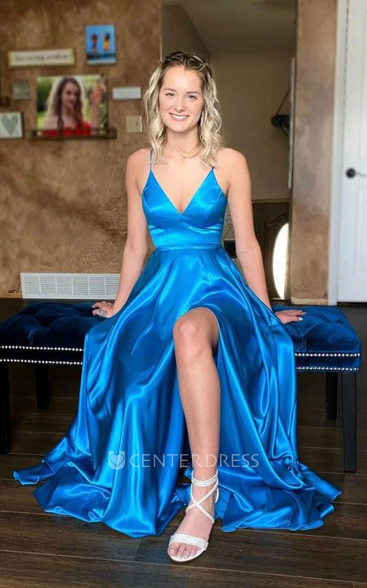 Spaghetti Ocean Blue Satin A-Line Simple Evening Dress With Slip Front And Sweep Train