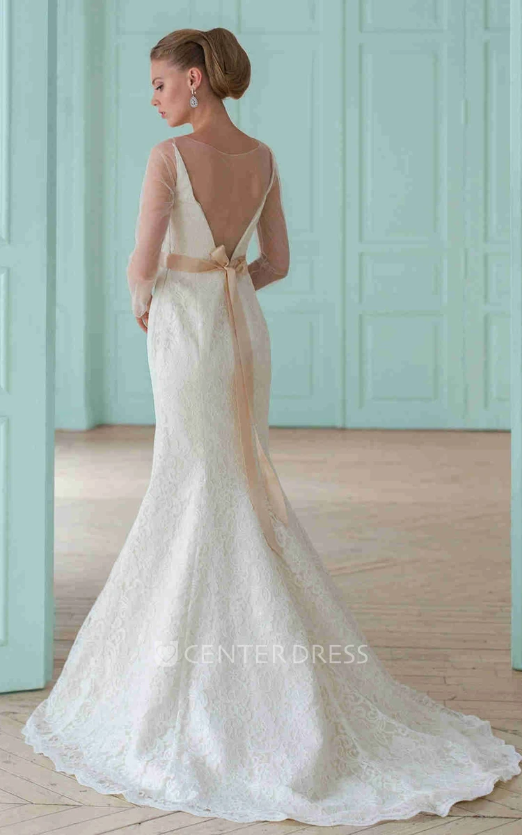 Sheath Illusion-Sleeve Floor-Length Scoop-Neck Lace Wedding Dress With Flower And Illusion