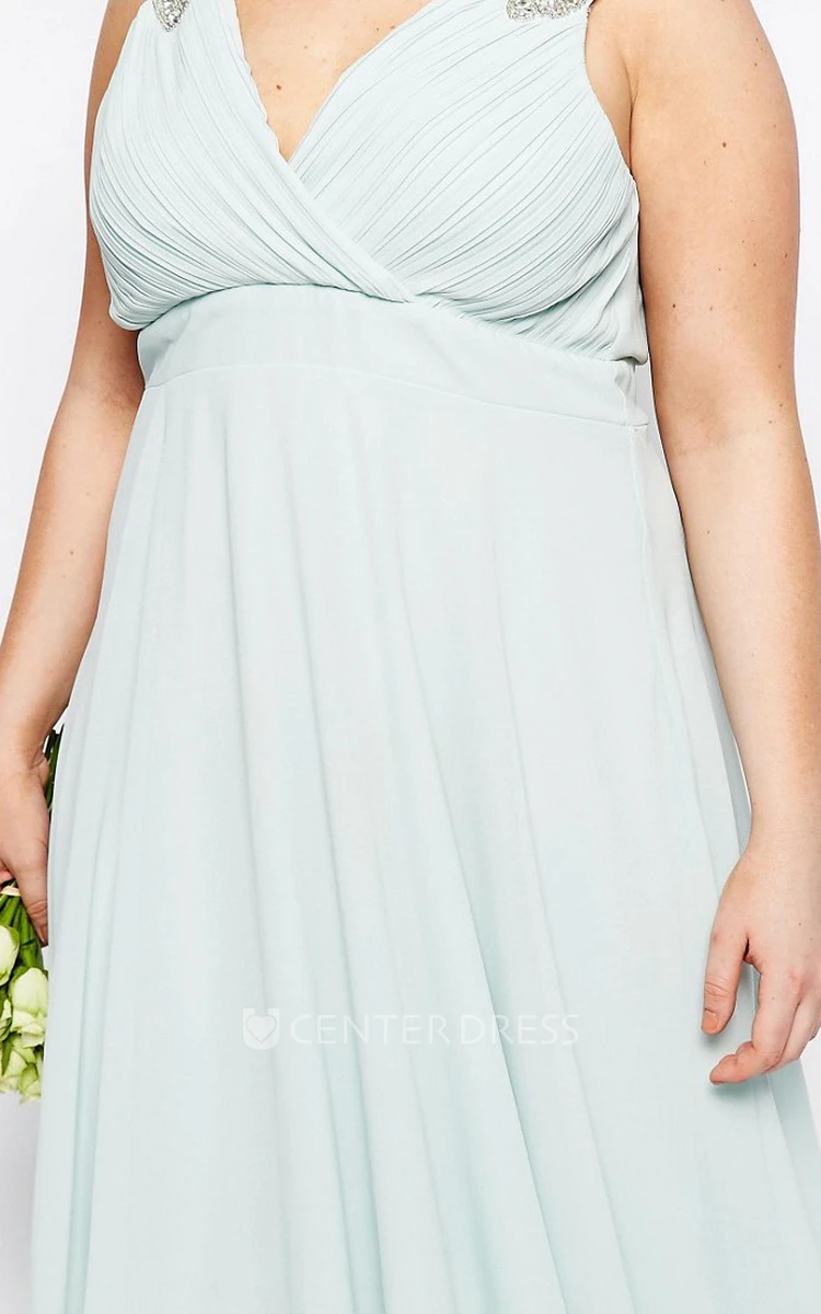 A-Line V-Neck Ruched Sleeveless Knee-Length Chiffon Bridesmaid Dress With Beading And Pleats