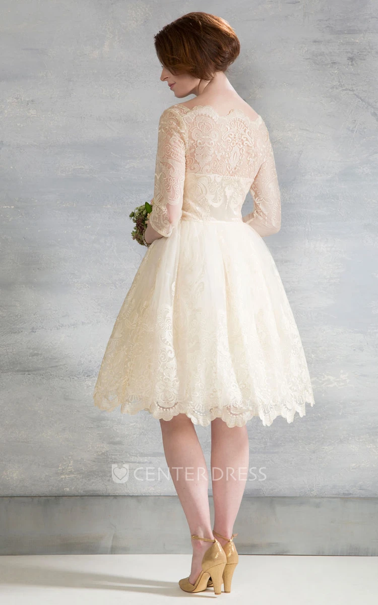 Knee-Length Bateau Long-Sleeve Lace Wedding Dress With Illusion