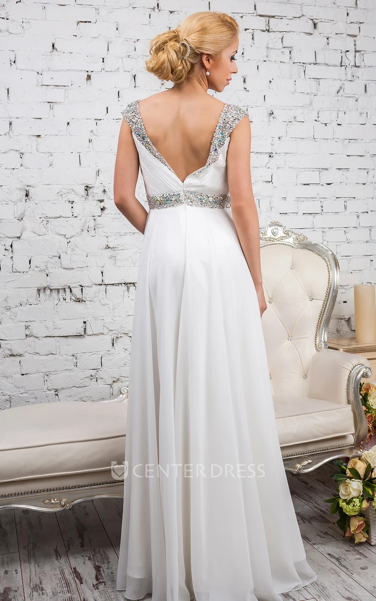 Sheath Cap-Sleeve Floor-Length Beaded Chiffon Wedding Dress With Ruching