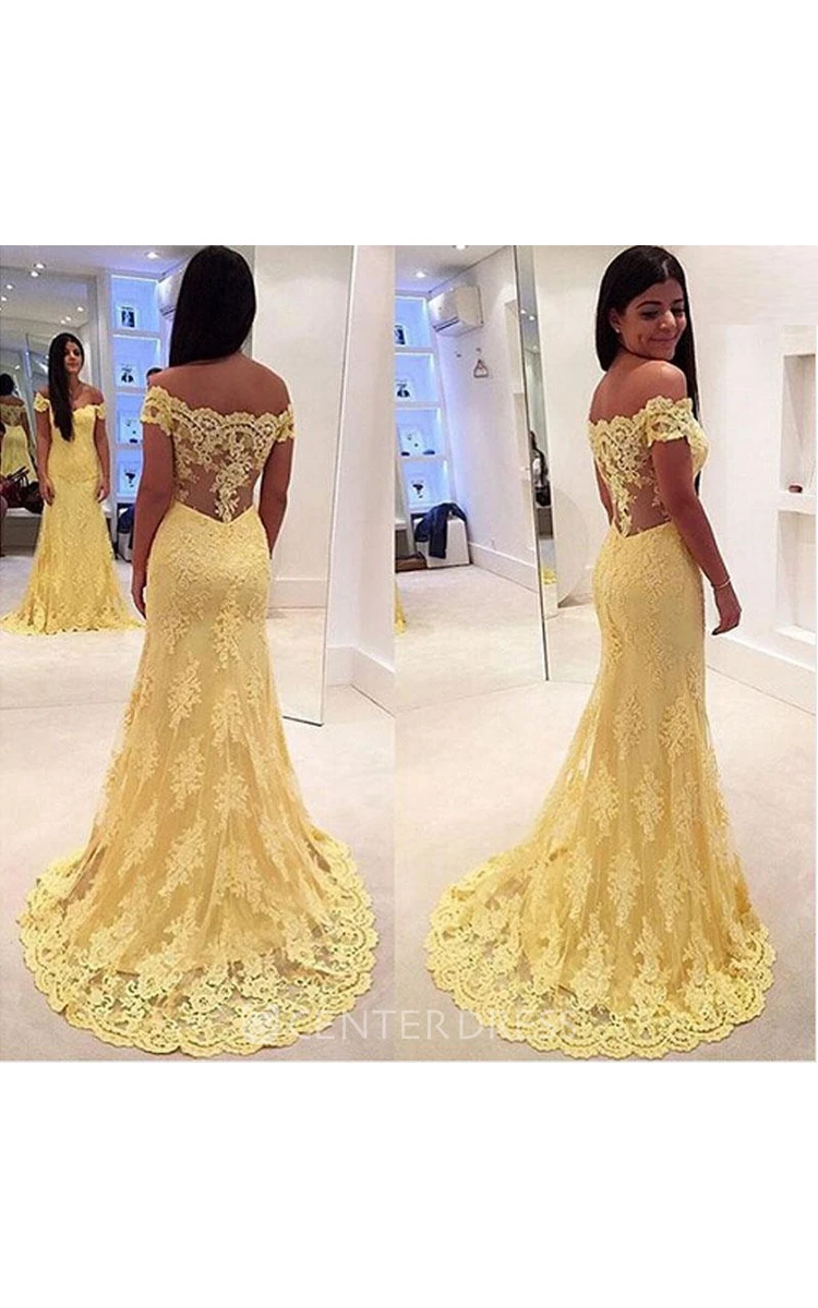 Modern Yellow Lace Appliques Evening Dress Mermaid Off-the-shoulder