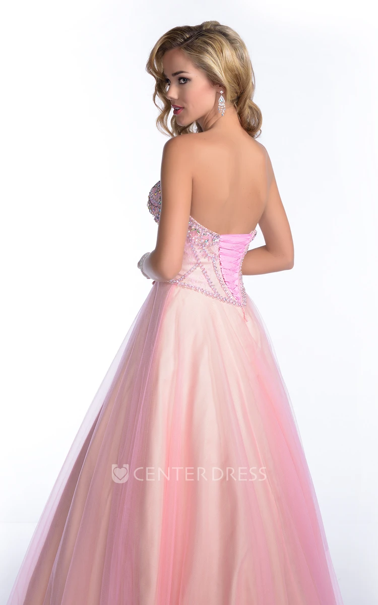 Sweetheart A-Line Tulle Gown With Rhinestone Bust And Lace-Up Back