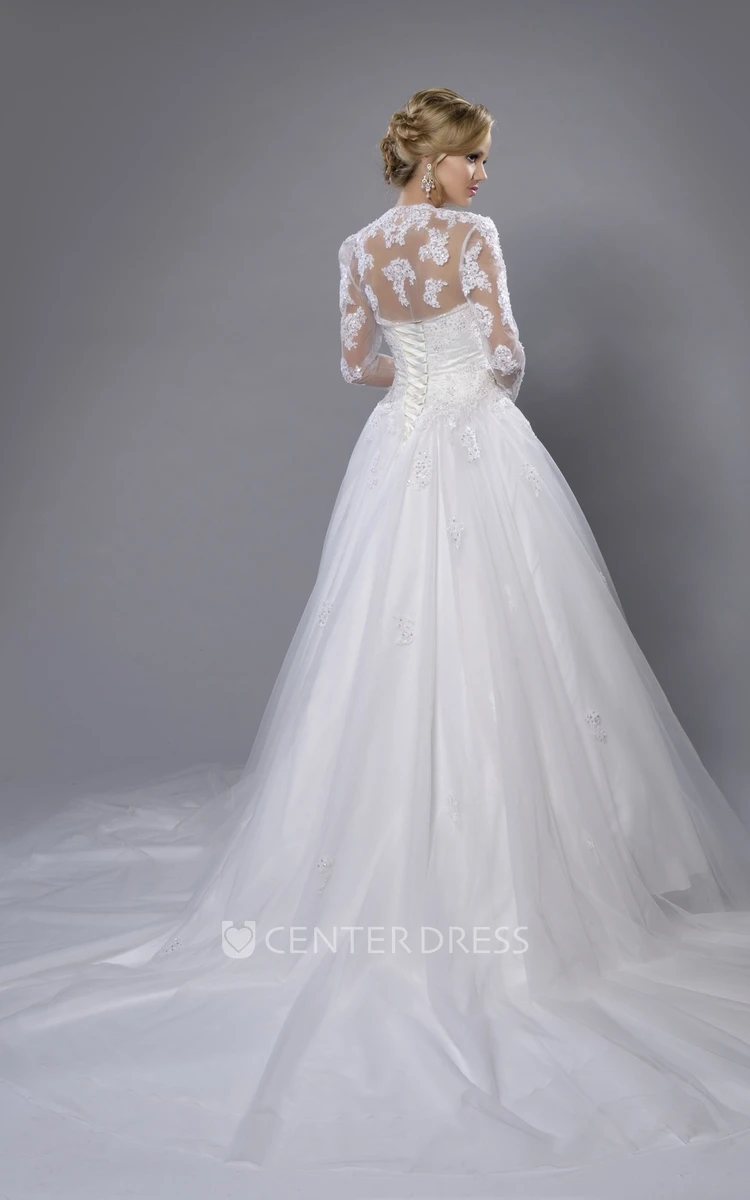 A-Line Sweetheart Tulle Wedding Dress With Lace Bodice And Long Sleeve